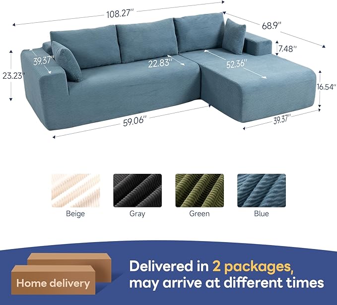 2025 New 108" Cloud Couch Sectional, Modular Sectional Sofa with L-Shaped Chaise, Deep Seat Sectional Modular Couch for Living Room, No Assembly Required (Blue, Right Facing Chaise)
