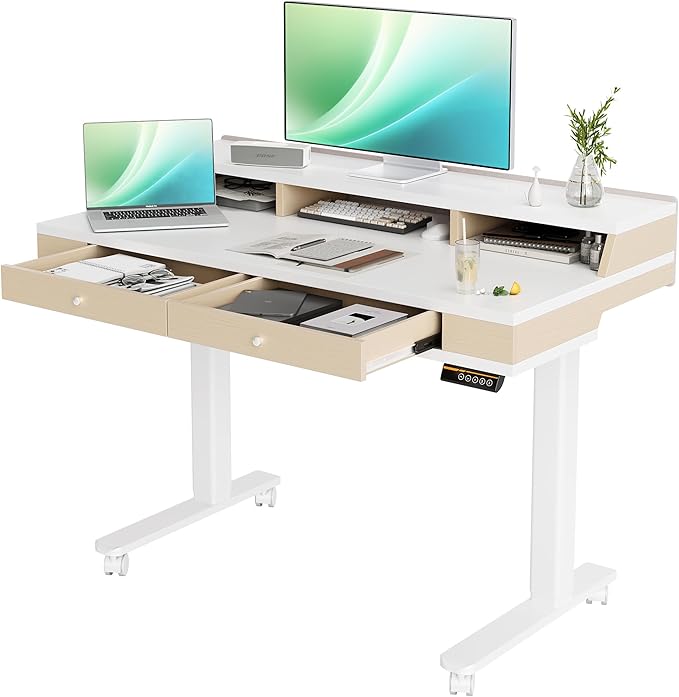 Claiks Standing Desk with Drawers, Electric Adjustable Standing Desk Adjustable Height, Sit Stand Up Desks with Storage Shelves & Wheels, 48 Inch White