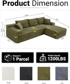 108 Inch Cloud Sectional Couch,Modern Modular Sectional Sofa with Deep Seat,Corduroy Boneless Couches with L-Shape Chaise for Living Room,No Assembly Required (Green, Right Facing Chaise)