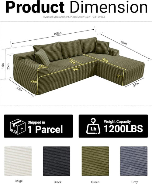 108 Inch Cloud Sectional Couch,Modern Modular Sectional Sofa with Deep Seat,Corduroy Boneless Couches with L-Shape Chaise for Living Room,No Assembly Required (Green, Right Facing Chaise)