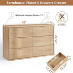 LEYAOYAO Fluted 6 Drawers Dresser Set of 2, 48" Wide Modern Chest of Drawers with Wood Grain Top, Curved Profile Design, Dresser TV Stand, Wooden Drawer Organizer for Bedroom, Living Room,Natural