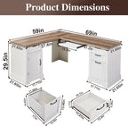 L-Shaped Executive Desk with Keyboard Tray, 69” Farmhouse Corner Desk with Lockable Drawers, Adjustable File Cabinet & Built-in Charging Station, Rustic Home Office Desk (69")