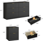 3-Piece Modern Bedroom Furniture Set, Wide 6-Drawer Dresser & 2-Drawer Nightstands Set of 2, Natural Wood Dresser and Nightstand Sets for Bedroom, Hallway, Black