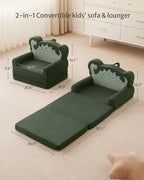 Blissful Diary Kids Couch, 2-in-1 Soft Toddler Couch Fold Out, Toddler Chair Comfy, Convertible Sofa to Lounger, Kids Furniture for Playroom, Gift for Birthday, Children's Day, Green Dinosaur