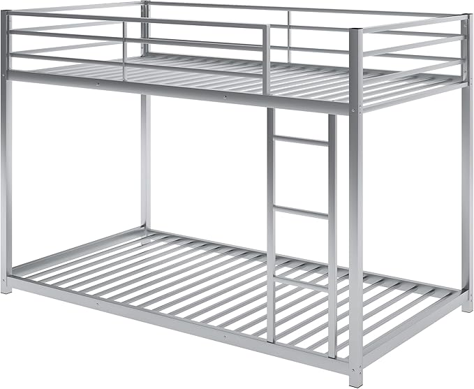 Twin Over Twin Metal Bunk Bed with Full-Length Guardrail,Low Bed Frame W/Ladder, Steel,No Noise,Bedroom Furniture for Adult Kid Boy Girl Teen,Silver