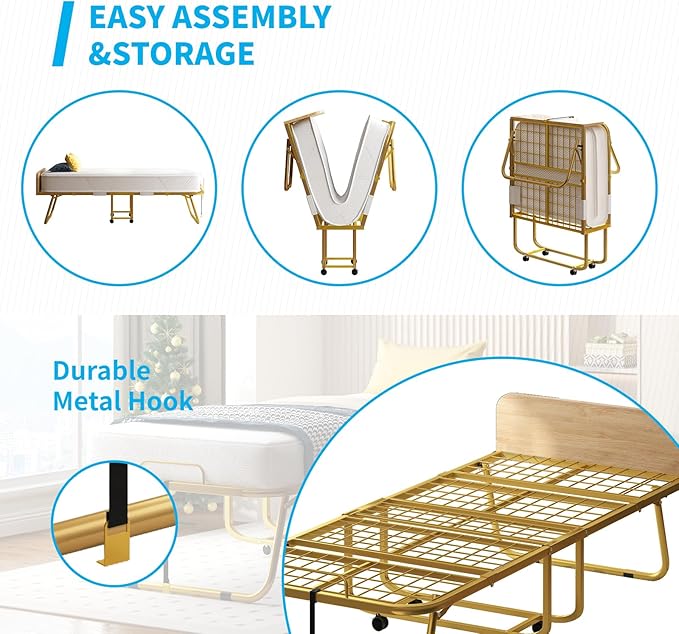 Mjkone Folding Bed with 5" Memory Foam Mattress & Upgraded 75x31 Frame Single Portable Guest Bed, Space-Saving Design, Lockable Wheels for Easy Moving, Quick Assembly & Compact Storage