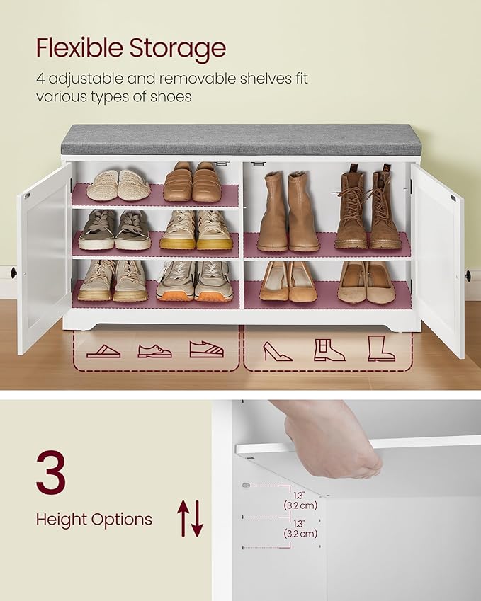 VASAGLE Shoe Storage Bench with Cushion, 3-Tier Entryway Bench with Padded Seat, Doors, Adjustable Shelves, 14 x 39.8 x 20.7 Inches, for Hallway, Bedroom, Cloud White and Dove Gray ULSB044W01
