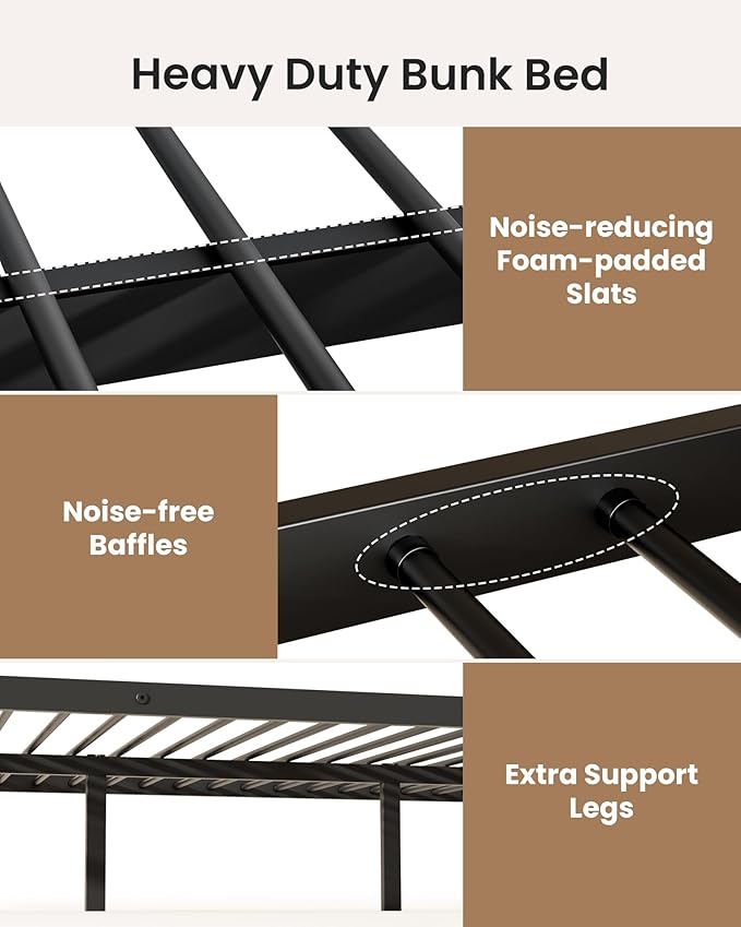 Full Over Full Bunk Bed, Convertible into 2 Full Beds, Heavy-Duty Metal Bed Frame with Safety Full-Length Guardrails & EVA Padded Ladder for Adults, Teens, Kids, No Box Spring Needed, Black