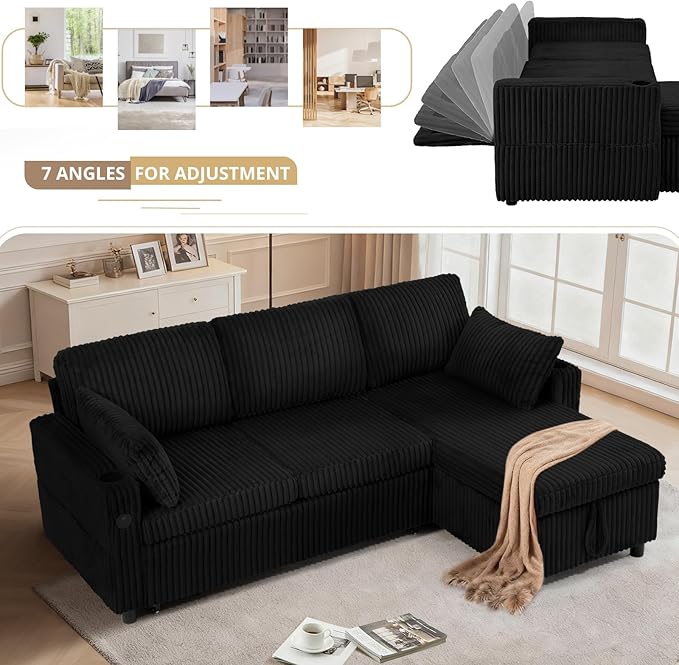 84" Corduroy Pull Out Sofa Bed w/Adjustable Backrests, Sectional L-Shape Sleeper Sofa w/Storage Chaise, Convertible Couch Bed w/USB Charging Port & Cup Holders for Living Room, House, Black