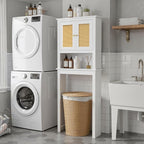 Over The Toilet Storage Cabinet, Behind Toilet Bathroom Organizer with Adjustable Shelves, Above Toilet Organizers with Rattan Door, Space Saver for Restroom, Bathroom, Laundry