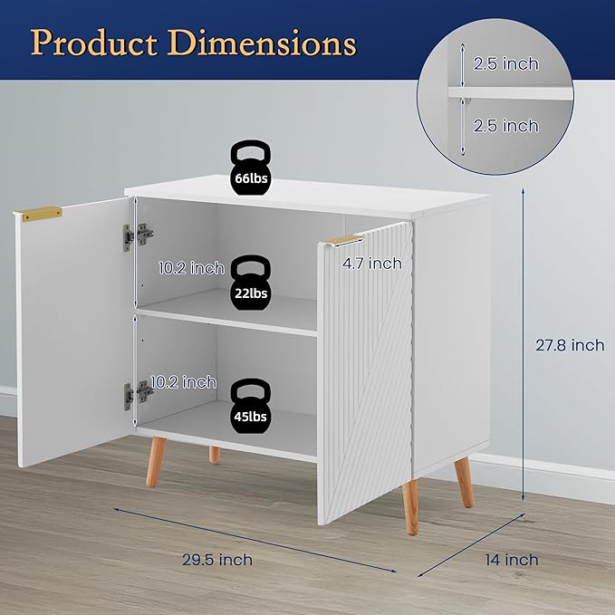 Fluted Storage Cabinet with Doors Set of 2, Wooden Sideboard Buffet Cabinet with Adjustable Shelves, Modern Accent Table for Living Room, Entryway, White