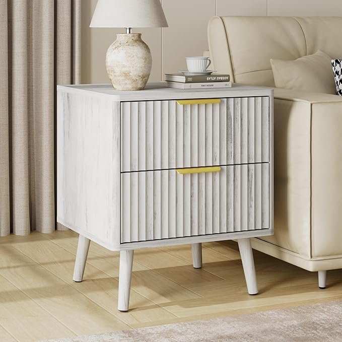 LYNSOM Fluted Dresser and Nightstand Sets 4 Piece, 2-Drawer Nightstands and 5/7 Drawers Dresser, Wood Bedroom Furniture Set for Home, Bedroom, Hallway, White