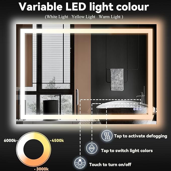 VooBang Bathroom Mirror with Lights 40 x 60 inches - 3 Adjustable Lighting Modes LED Bathroom Vanity Mirror, Anti-Fog, Memory Function, Tempered Glass, Wall Mounted Horizontally Vertically