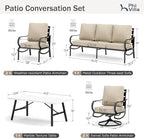 PHI VILLA 6 Piece Patio Furniture Sets with 1 x 3 Seater Padded Deep Seating Bench, 2 x Swivel Cushioned Sofa Chairs, 2 x Leg Sofa Chairs and 1 x Coffee Table, Outdoor Metal Furniture Set for 7