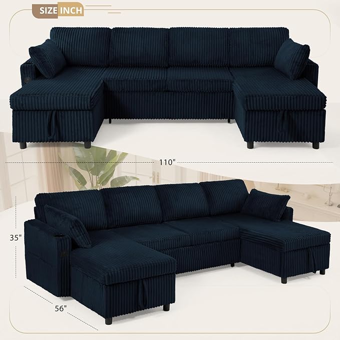 110" Corduroy Pull Out Sofa Bed w/Adjustable Backrests, Sectional U-Shape Sleeper Sofa w/Storage Chaise, Convertible Couch Bed w/USB Charging Port & Cup Holders for Living Room, House, Blue