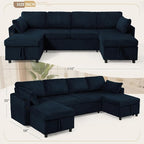 110" Corduroy Pull Out Sofa Bed w/Adjustable Backrests, Sectional U-Shape Sleeper Sofa w/Storage Chaise, Convertible Couch Bed w/USB Charging Port & Cup Holders for Living Room, House, Blue