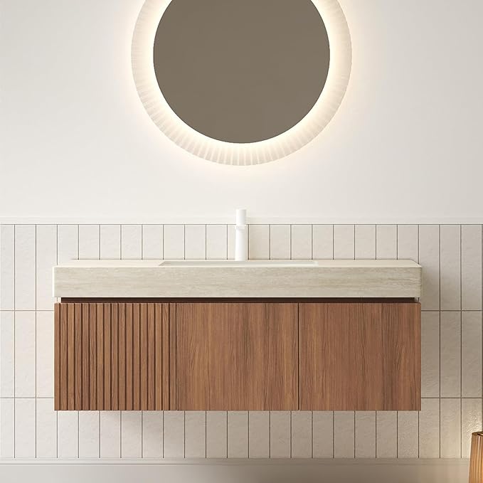 48 Inch Floating Bathroom Vanity with Sink, Wall-Mounted Bathroom Vanity with Drawer and 2 Doors, Roma Travertine-Pattern Countertop and Ceramic Basin, Pre-Assembled, Espresso Woodgrain Color