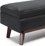 SIMPLIHOME Owen 48 inch Wide Mid Century Modern Rectangle Rectangular Storage Ottoman in Midnight Black Vegan Faux Leather, Assembled, for the Living Room, Entryway and Family Room