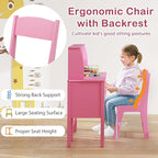 Costzon Kids Desk and Chair Set, Wooden Children Study Desk w/Hutch, Large Cabinet and Drawer for Home School Writing, Reading & Drawing, Computer Workstation Student Table and Chair for 3+ (Pink)