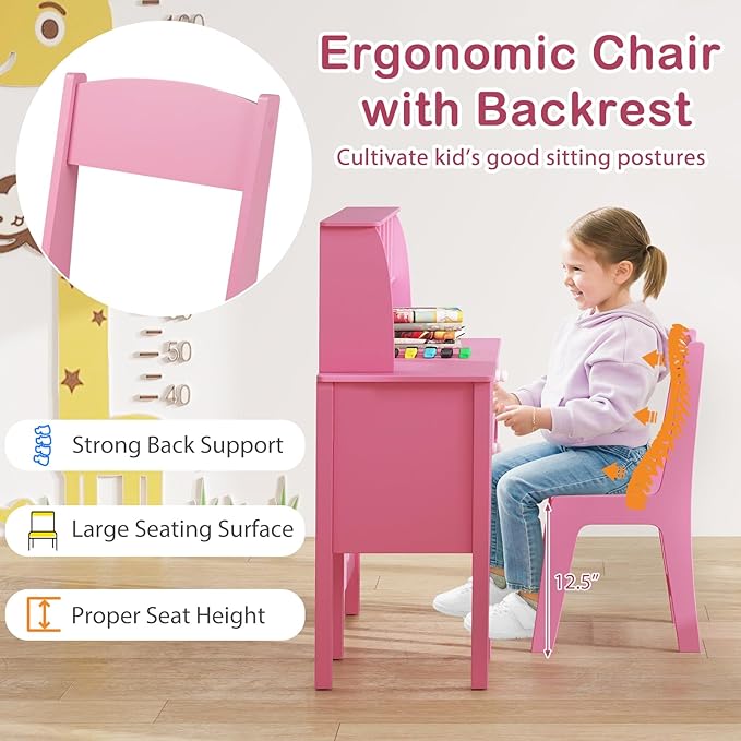 Costzon Kids Desk and Chair Set, Wooden Children Study Desk w/Hutch, Large Cabinet and Drawer for Home School Writing, Reading & Drawing, Computer Workstation Student Table and Chair for 3+ (Pink)