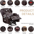 Power Lift Recliner Chair for Elderly, Electric PU Leather Reclining Single Sofa with Massage & Heat, Side Pocket, Cup Holders and USB/Type-C Charge Port for Living Room (Brown)