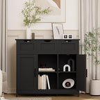 Sideboard Floor Storage Cabinet - Wooden Storage Organizer with 2 Doors and 3 Drawers, Free Standing Accent Buffet Cabinet with Adjustable Shelves for Living Room, Bedroom.Bathroom (Black)