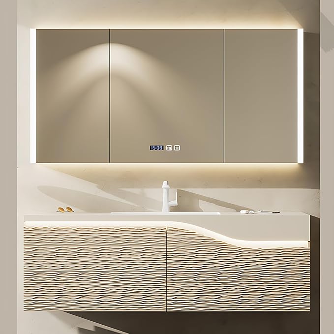 48in Elegant Modern Luxury Bathroom Vanity with Sink - Wall Mounted Solid Wood Cabinet & Smart LED Defogging Mirror | Single Sink Bathroom Cabinets