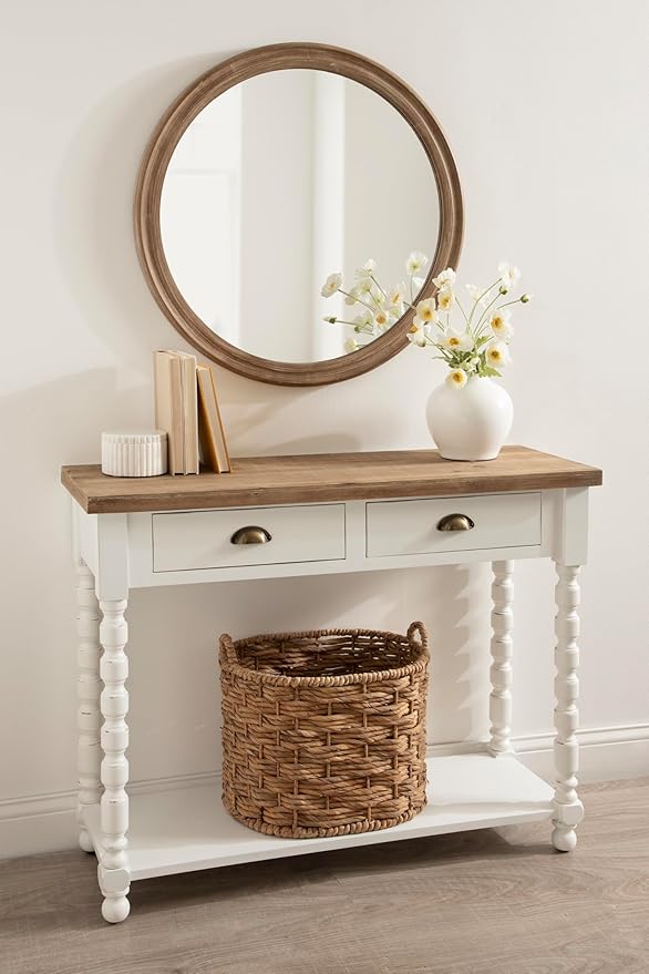 Kate and Laurel Rutledge Coastal Wooden Console Table with Shelf; 40 x 14 x 33; Hazelnut and White; Traditional Wood Entryway Table with Drawers and Decorative Turned Legs for Entry Storage Options