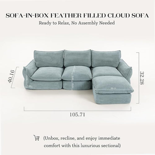 106'' Down Blend L-Shaped Sectional Sofa, Deep Seat Feather-Filled Cushions, Oversized Cloud Couch with Sink-in Comfort, Modern Living Room Sofa – Sky Fog Blue