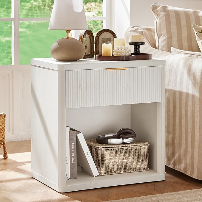LEYAOYAO Fluted Nightstand with Charging Station, 23" Wide 1 Drawers End Table,White Night Stand with Open Storage Cabinet, Farmhouse Bed Side Tables, Wood Dresser for Bedroom, Living Room, Closet