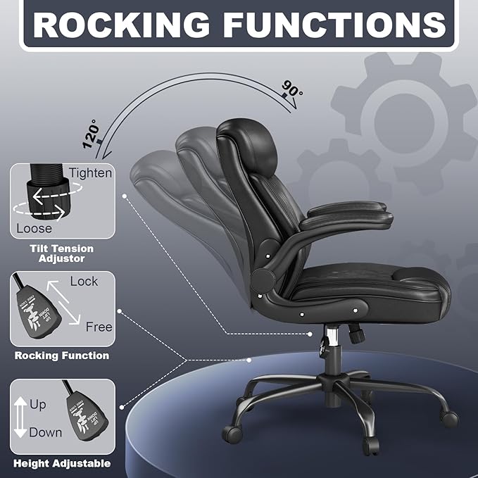 AnyGod Executive Leather Office Chair, Ergonomic Mid-Back Desk Chairs Comfy for Home Office with Flip-up Armrests, Lumbar Support, Adjustable Height and Swivel Rolling Wheels