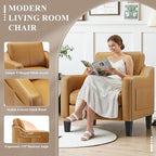 PU Leather Accent Chair, Mid-Century Modern Living Room Armchair Sofa with Removable Cushions, Solid Wood Frame & Stitched Armrest Design, Bedroom Chair with Plastic Legs, Brown