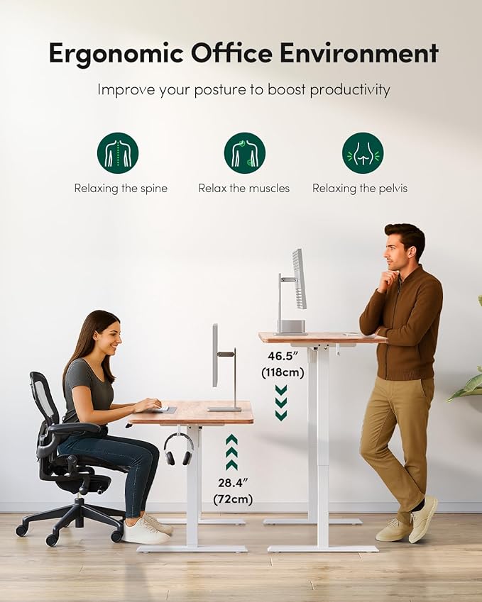 FEZIBO One-Piece Standing Desk Adjustable Height Stand up Home Office Desk, 48x24 Inch Electric Standing Computer Desk, with 4 Memory Presets, Headphone Hook, Light Rustic