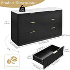 Fluted 6 Drawers Dresser with Charging Station, 55" Wide Modern Chest of Drawers with Faux Marble Top, Wooden Dresser TV Stand, Wood Drawer Organizer for Bedroom, Living Room, Hallway, Black