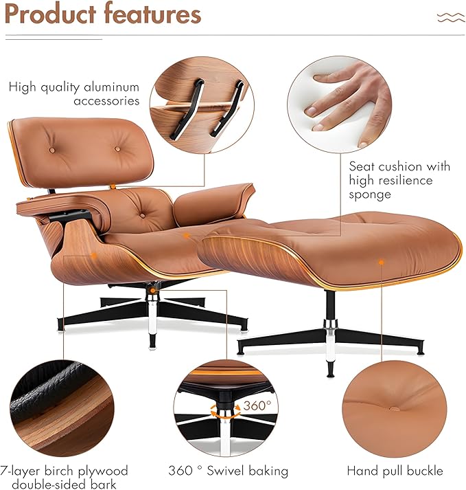 Top Grain Leather, Mid Century Chaise Lounge Chair and Ottoman, Modern Chair Classic Design, Heavy Duty Base Support for Living Room Study Lounge Office, Walnut-Brown, Heightening