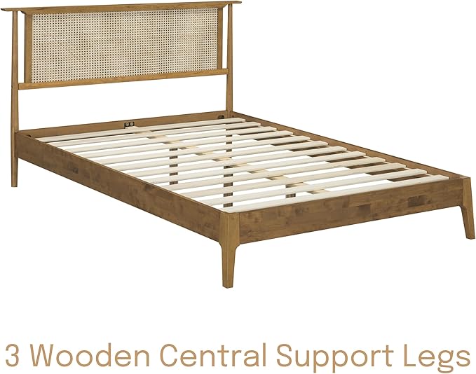 NTC Ruby Wooden Bed Frame with Headboard and Natural Rattan, Solid Oak/Rubber Wood Foundation with Silent Slats, 1000 Lb Capacity, Effortless Assembly Queen - Teak Look