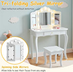 Kids Vanity, Little Girls Vanity Set with Stool and Light, 2 in 1 Wooden Kids Vanity Table and Chair Set, Princess Makeup Table with Drawer for Girls