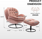 Set of 2 360° Swivel Modern Velvet Accent Chair with Ottoman | Mid-Century Button Tufted Lounge Chair for Living Room & Bedroom, Pink