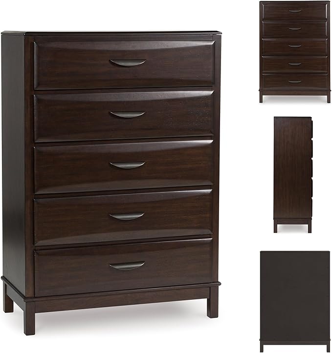 Signature Design by Ashley Vanmore Contemporary 5-Drawer Chest with Felt-Lined Top Drawer and Easy Glide for Bedroom, Dark Brown