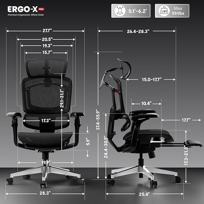 FLEXISPOT ErgoX-PRO Ergonomic Office Chair with Footrest Black – AeroWeave 5.0 Mesh Seat, 5D Lumbar, 7D Armrests, 4D Headrest, 551LBS Capacity – Office, Gaming, Home