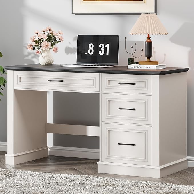 Farmhouse 47" Executive Desk, Computer Desk with Drawers and File Drawer, Workstation Computer Desk with Charging Station for Home Office, Study (Black)