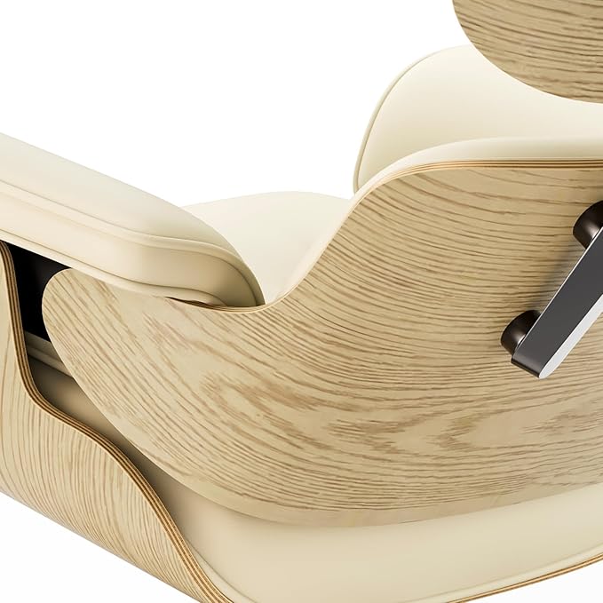 Top Cream White Grain Leather, Mid Century Chaise Lounge Chair and Ottoman, Modern Chair Classic Design, Ash Wood, Heavy Duty Base Support for Living Room Office