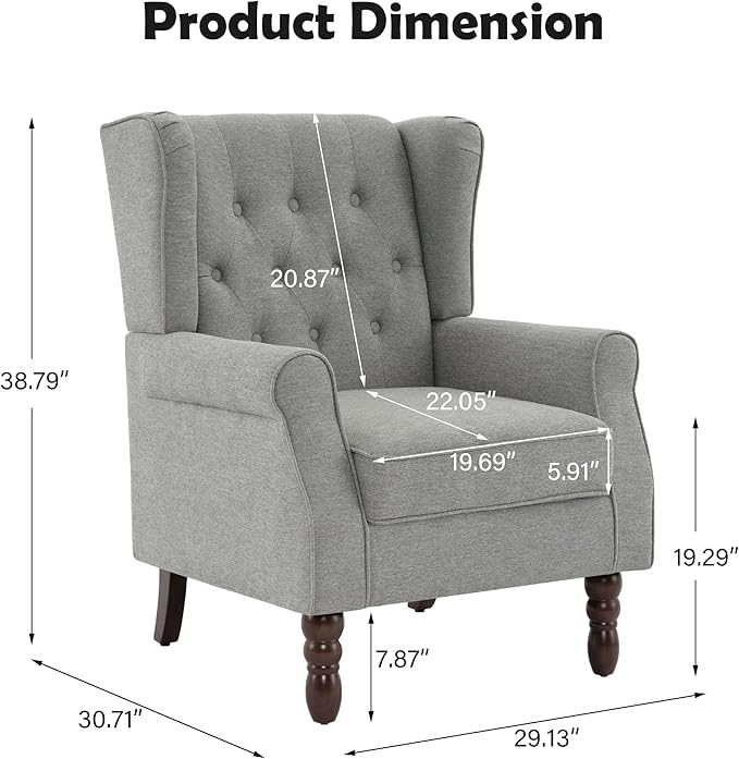 Mid-Century Modern 2-Piece Wingback Chair Set - Plush Upholstered Accent Chairs with Solid Wood Legs, High Back Lounge Seating for Living Room, Bedroom & Office - Retro Matched Pair (Light Gray)