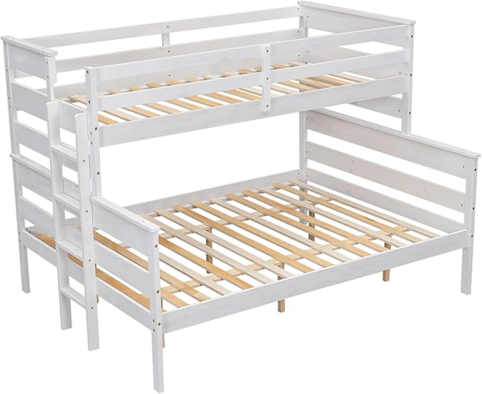 Solid Wood Twin XL Over Queen Bunk Bed with Ladder and Slat Support,Bedroom Detachable Bed Frame w/Easy Assembly & No Box Spring Required,for Kid Adult Boy Girl Teen,White