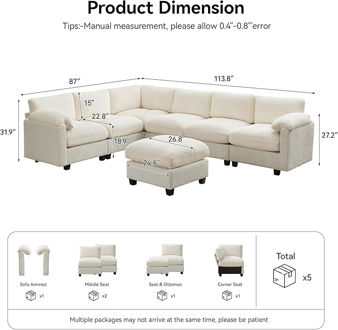 114'' V-Shaped Sectional Cloud Couch with Ottoman, 7-Seater Modular Couches for Living Room, Corduroy Oversized Deep Seat Sofa with Center Stitched, Beige