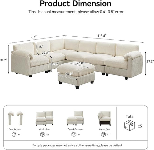 114'' V-Shaped Sectional Cloud Couch with Ottoman, 7-Seater Modular Couches for Living Room, Corduroy Oversized Deep Seat Sofa with Center Stitched, Beige