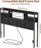 King Size Headboard with Drawers, Outlets & USB Ports,Sturdy Wood Bed Frame with Adjustable Height, Built-in LED Lighting (Black, King 75.2 * 7.08 * 45.7)