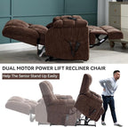 Power Lift Recliner Chair for Elderly, Oversized Chenille Electric Recliners Chairs for Living Room, Dual Motor 180° Lay Flat Recliner Big Sofa with Massage and Heating, Heavy-Duty, Brown