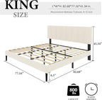 King Size Bed Frame with Fabric Upholstered Headboard, Platform Bed with Wooden Slats Support, Fully Mattress Foundation, Box Spring Optional, Easy Assembly