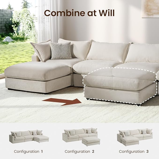118.5" Down Filled Cloud Couch, Chenille Modular Sectional Sofa with Storage Ottoman, 3-Seater L Shape Sofa with Throw Pillows, Mordern Sectional Couches for Living Room, Beige